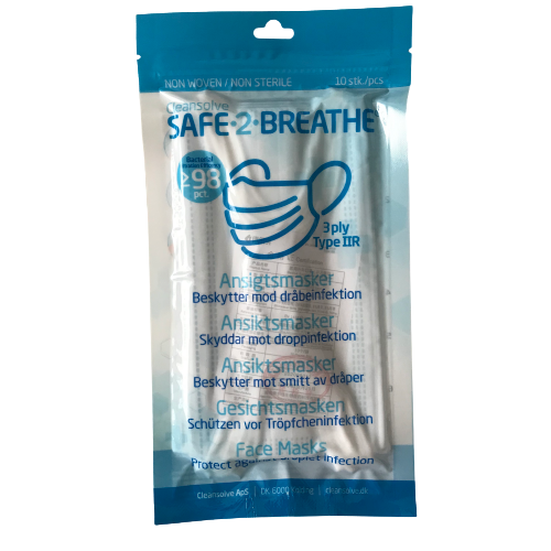 Safe2Breathe - Munstycke - ansiktsmasker - 3 lager typ IIR - CE-märkt - Paket om 10