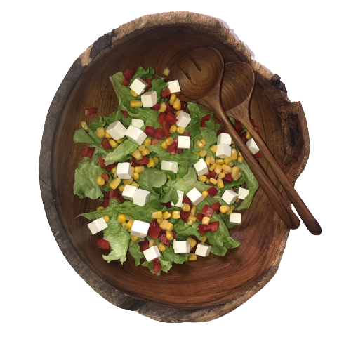Salladsset i teak - bestående av skål ca. 30 cm i diameter och 10 cm hög samt salladsbestick